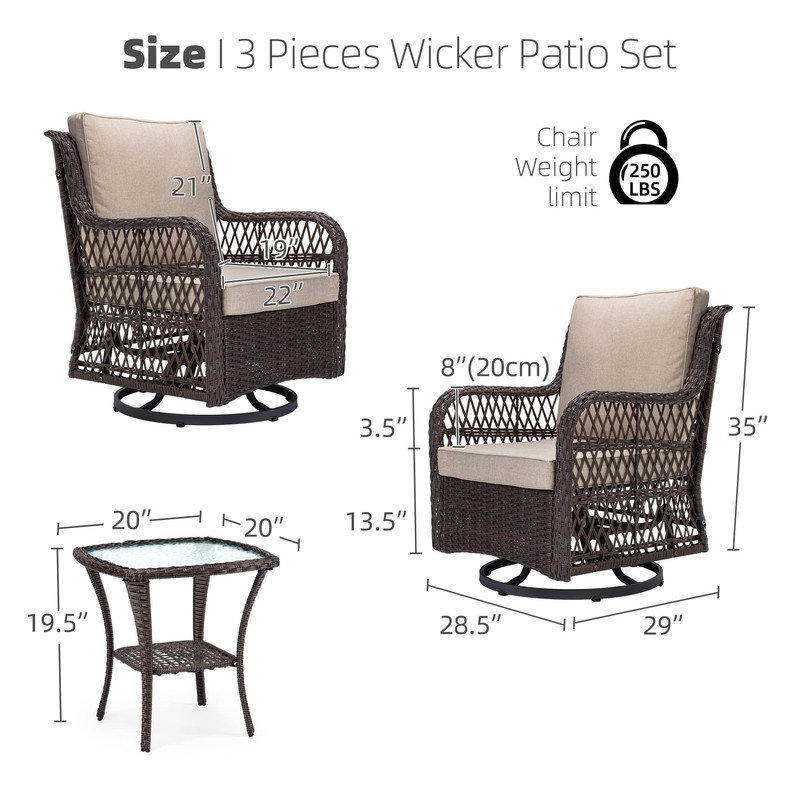 Ensemble bistro 3 pièces pivotant avec chaises en osier et table d'appoint en verre - Beige