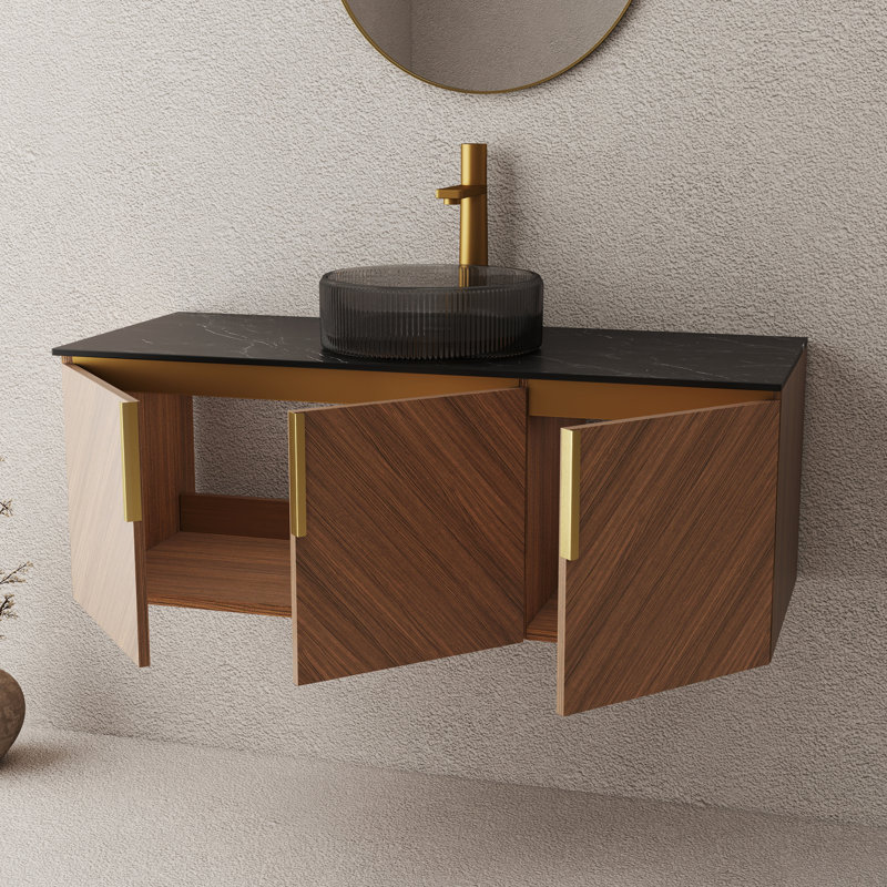 Meuble-lavabo 48 po avec lavabo, armoire de rangement murale en contreplaqué avec 3 portes, comptoir en pierre frittée noire et lavabo rond en céramique blanche