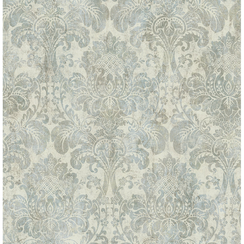 Rouleau de papier peint à motif damas L 33 pi x l 20,5 po Gaddis, Bleu ciel métallique / ivoire