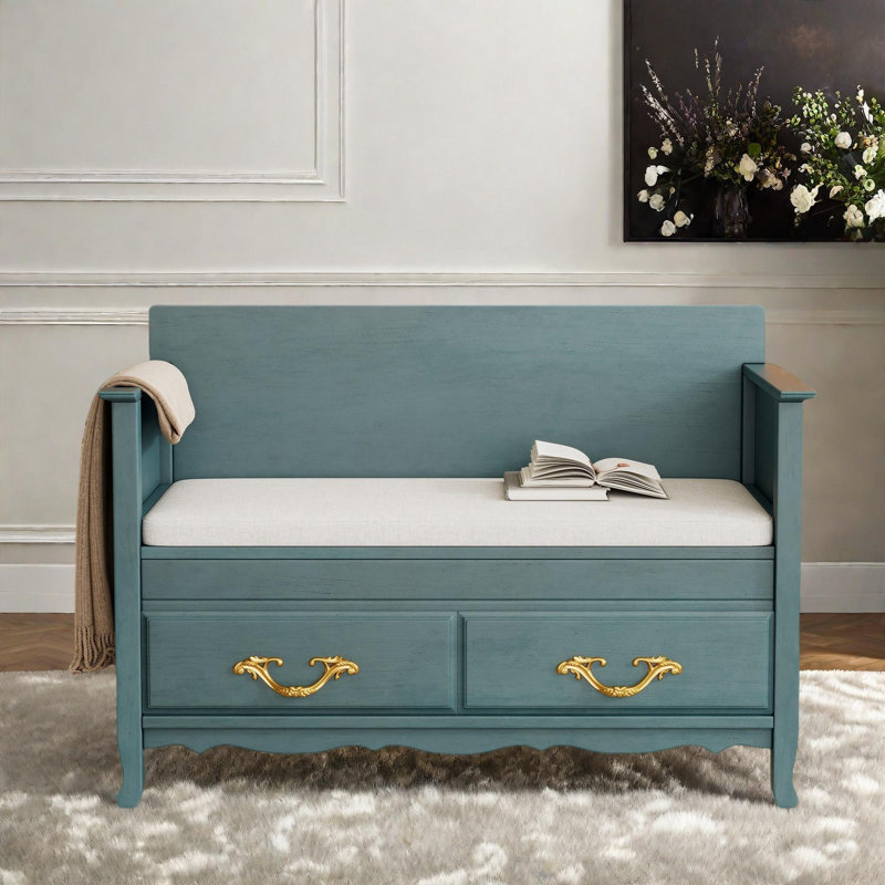 Retro Bench With Removable Cushion, Hidden Storage Space, Brass Handles And Intricate Carved Accents, Antique Turquoise