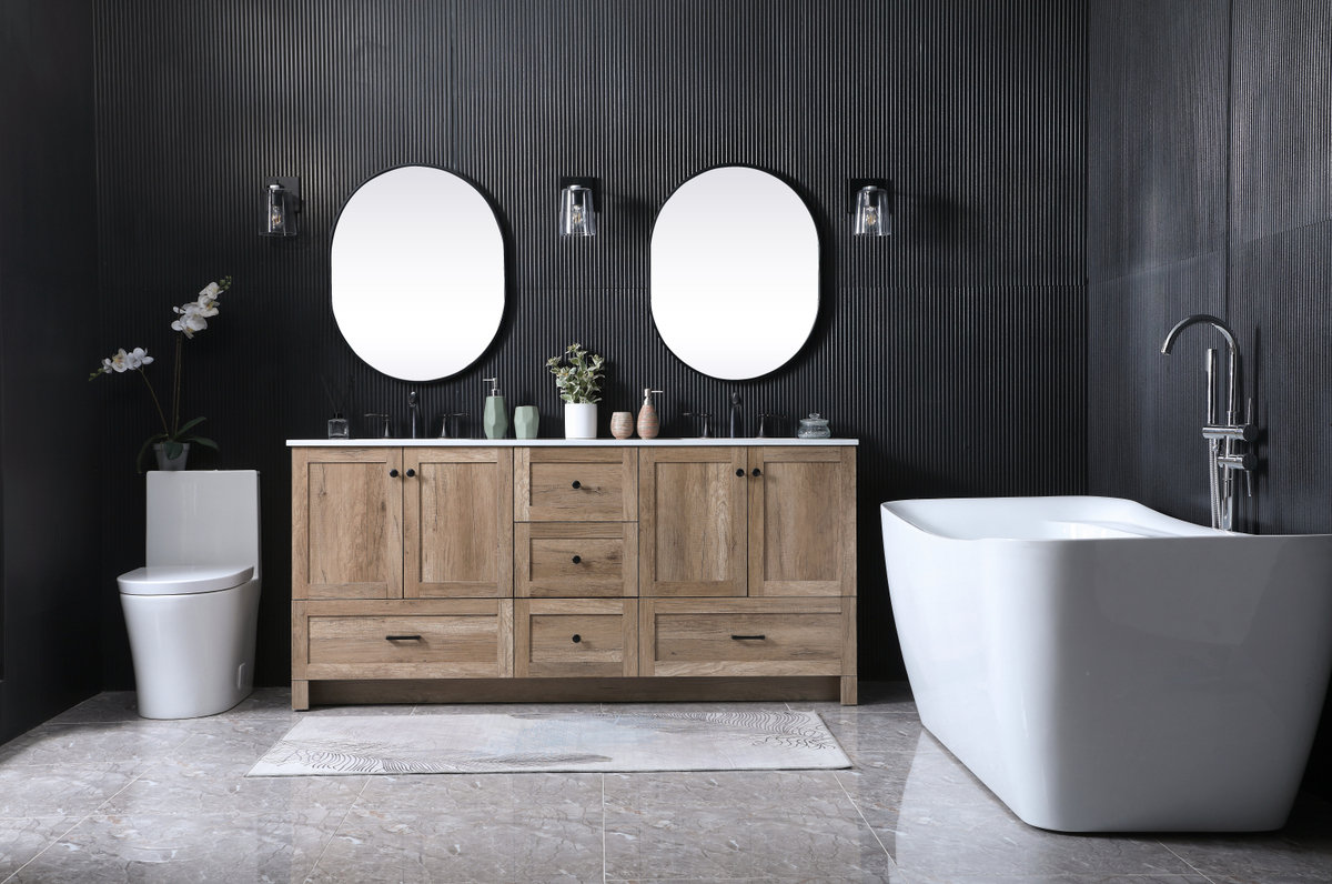 Soma 72'' Natural Oak Double Bathroom Vanity with Solid White Stone Top, 5 Drawers, 2 Cabinets, Matte Black Handles. 34'' H X 72'' W X 19'' D