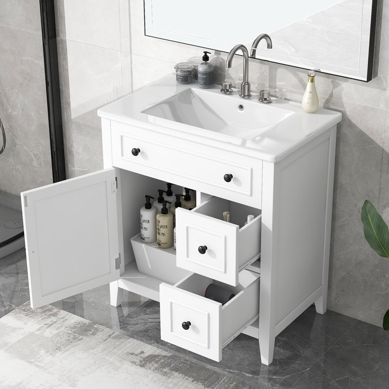 30'' Free Standing Single Bathroom Vanity with Ceramic Top and Storage Cabinet, White, Black