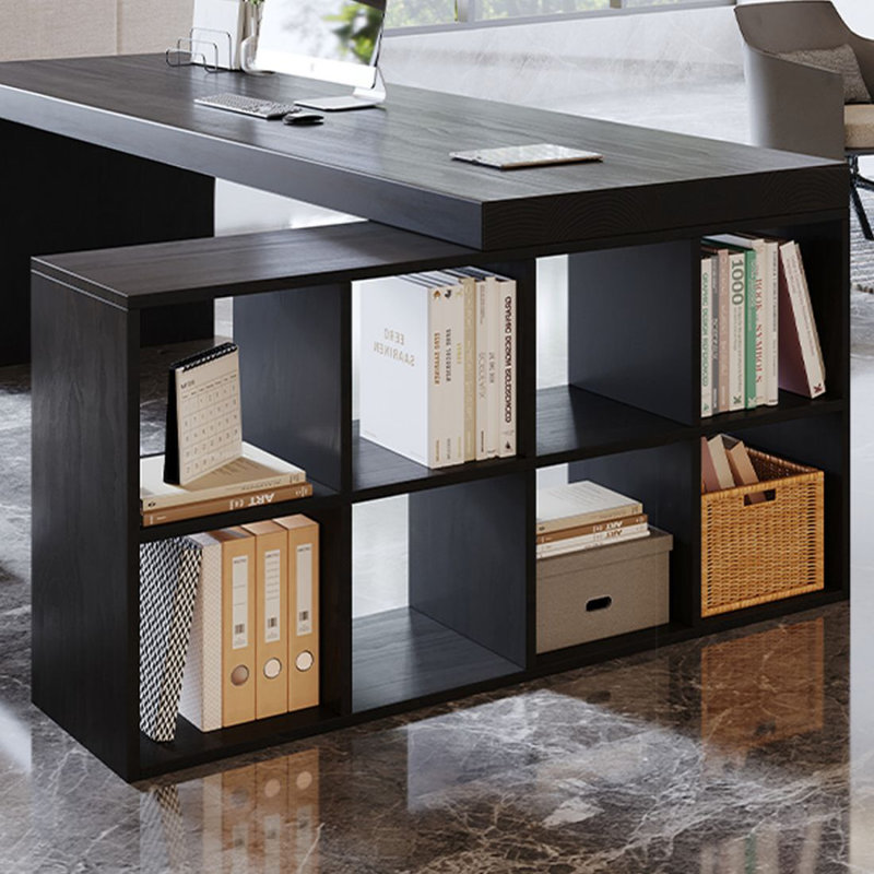 Bureau de direction en bois massif noir en forme de L, Oui, 29,53 po H x 62,99 po L x 55,12 po P