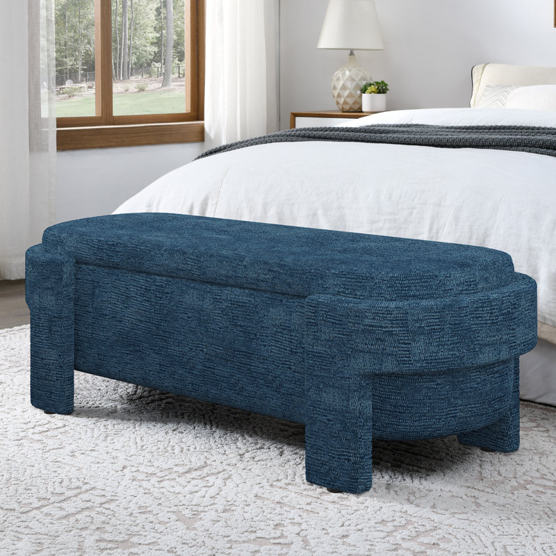 Contemporary Style Lidded Storage Bench 2-Seater Linen Upholstered Deep Blue 51.5 Inch Overall Length