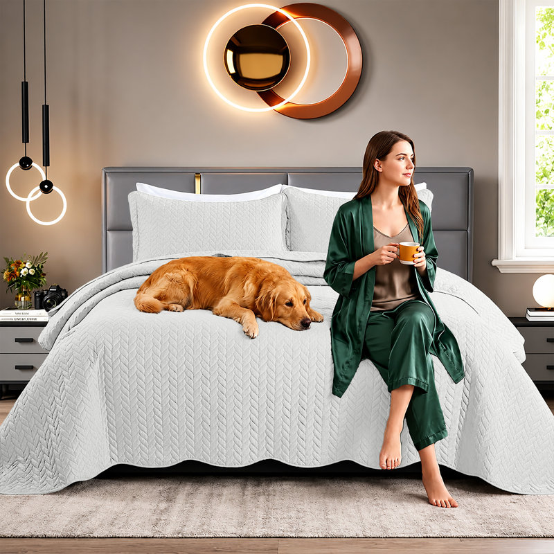 Embossed Microfiber Quilt Coverlet Set, White, Twin ( 66 Inc x 86 Inc )