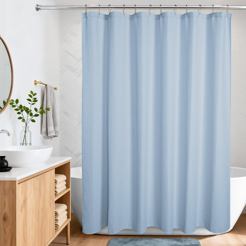 Cotton Blend Waffle Single Shower Curtain, Pale Blue