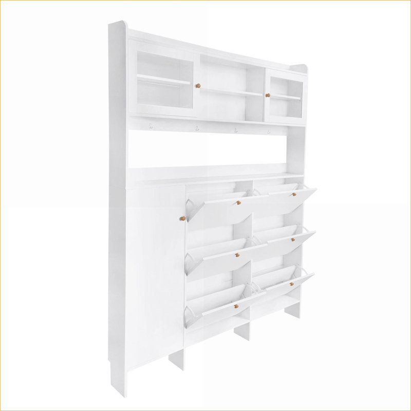 Armoires | Range-chaussures multifonctionnel tout-en-un avec 6 tiroirs, portes en verre trempé, 4 crochets, blanc neige | Contemporain | Couloir