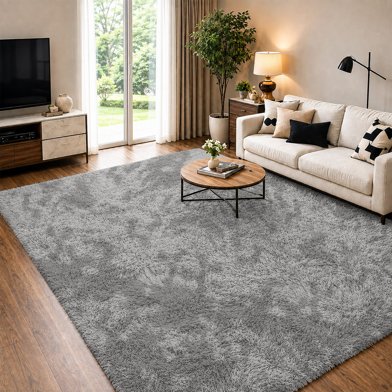 Soft Fluffy Living Room Large Area Rug, Tye Dye Light Grey, Rectangle 140 x 200 cm