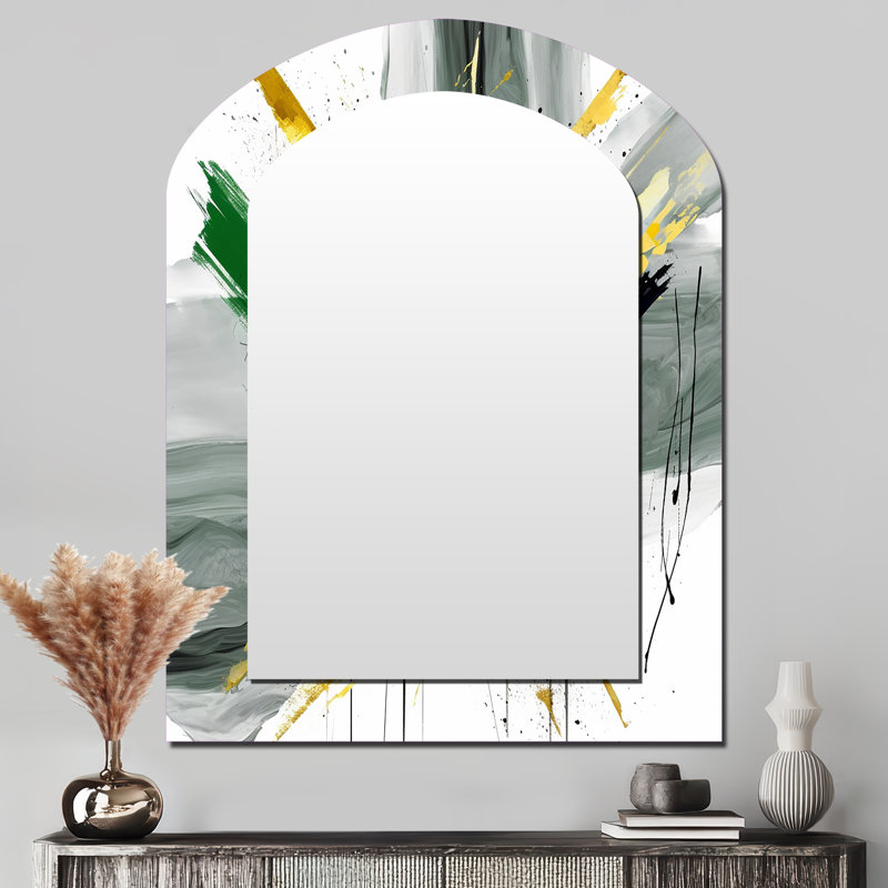 «Yellow and Green Abstracted Perspectives II», miroir mural asymétrique abstrait, art moderne, impression sur métal
