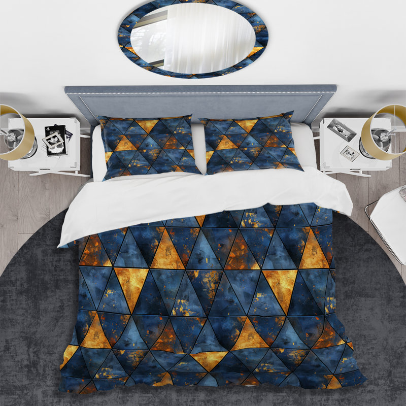 Ensemble de housse de couette moderne Blue Gold Modern Glam Triangles II, Housse de couette simple et deux taies décorative