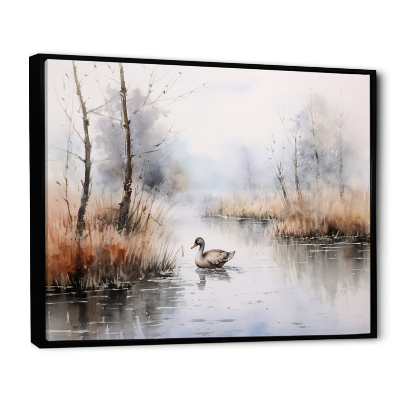 «Duck in the Misty Pond at Dawn», reproduction d'art, H 24 po x l 32 po, Cadre flottant noir