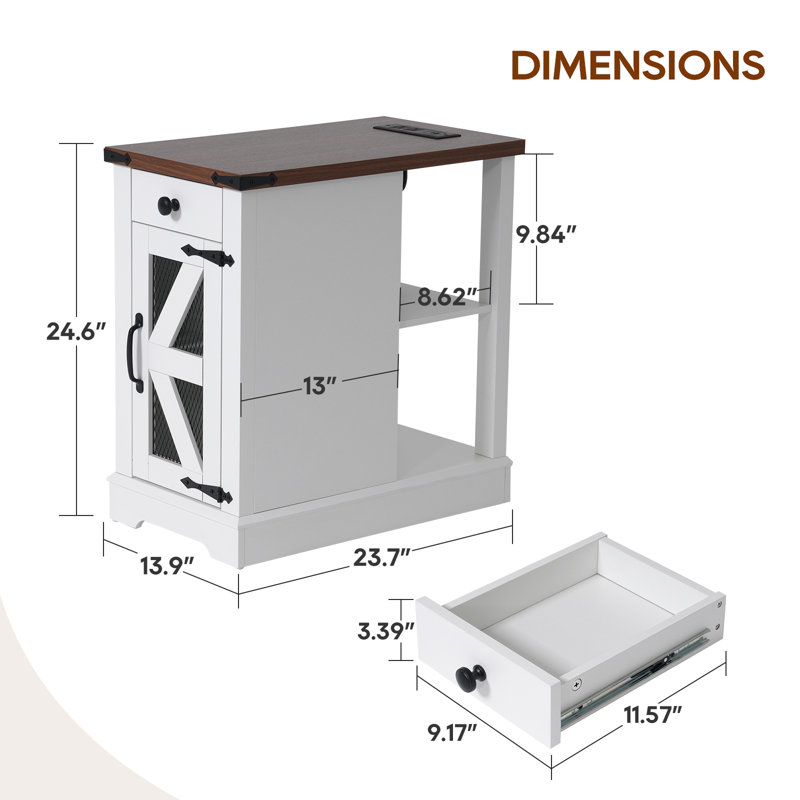 Multifunctional End Table With Charging Station, Brown Top/White Base