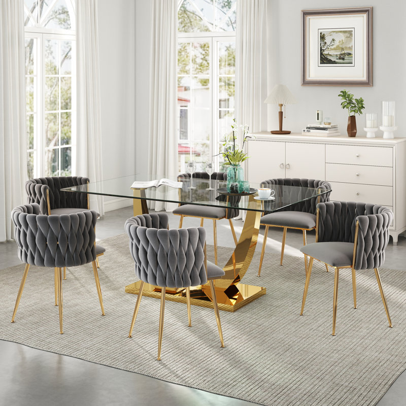 Ensemble de salle à manger rectangulaire à piédestal avec chaise tissée, H 29,5 po x L 63 po x l 35,4 po - or, Gris foncé