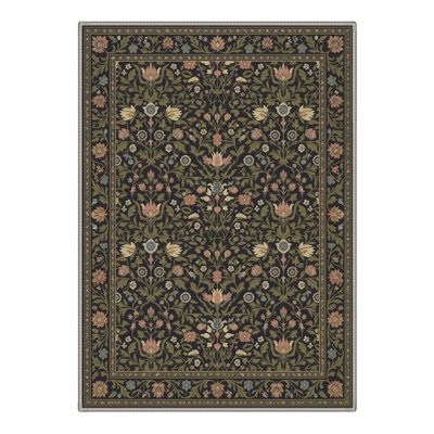 Ariane Floral Machine Washable Green / Black Indoor Area Rug with Non-Slip Backing