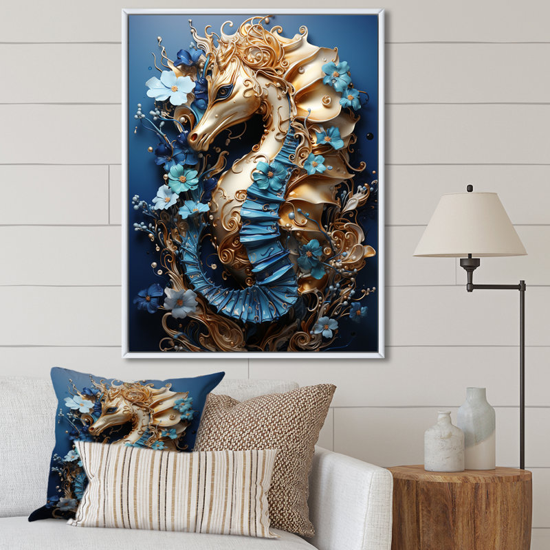 «Sapphire Seahorse Delicate Drips I», reproduction sur toile, H 32 po x l 24 po x P 1 po, Cadre flottant blanc