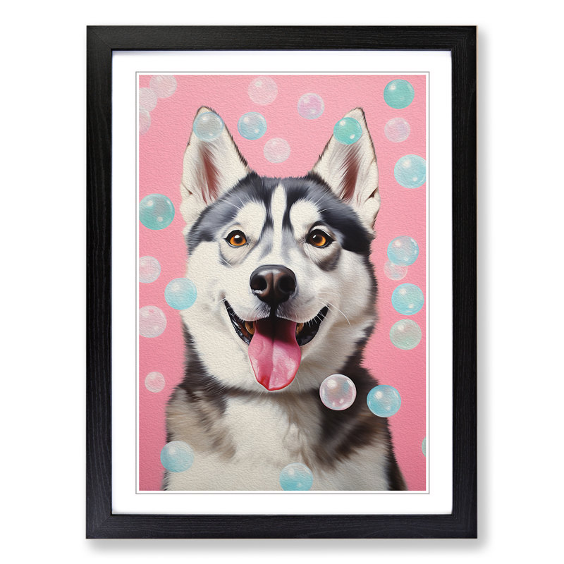 Husky Bubble Gum - Single Picture Frame Print on Wood, 46cm H x 34cm W x 2cm D, Black