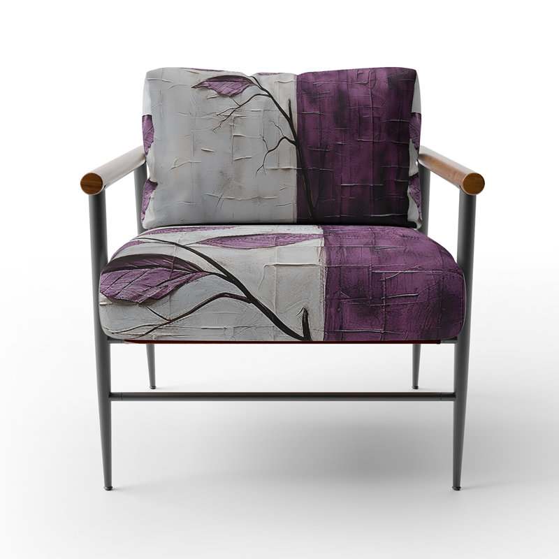 Purple Leaves Plum Precision - Upholstered Scandinavian Arm Chair, Leaf Botanical Accent Chair, Black