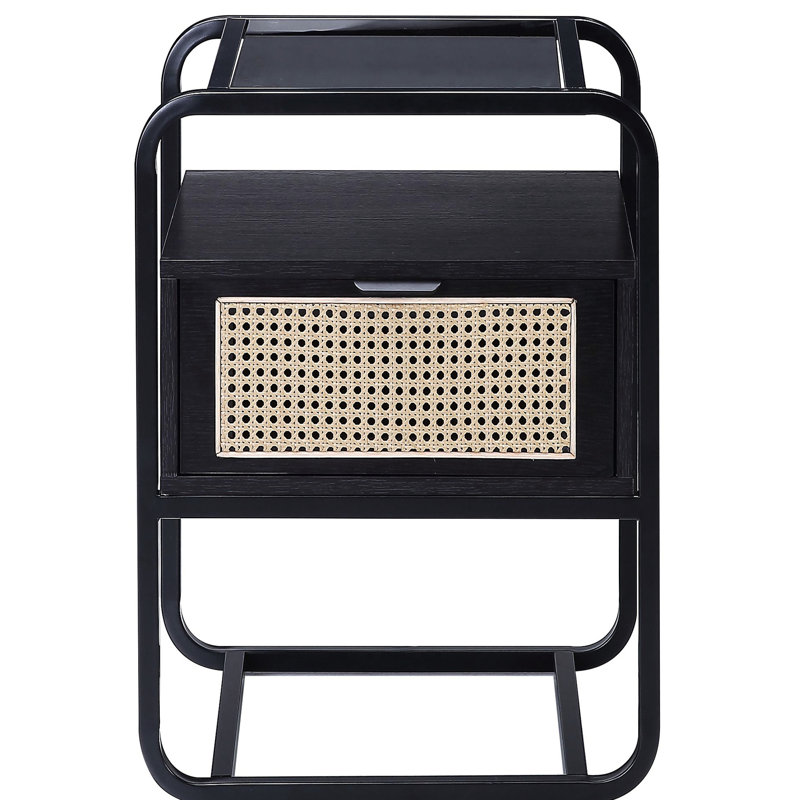 Table d'appoint noire avec tiroir intérieur élégant et surface en verre cachée