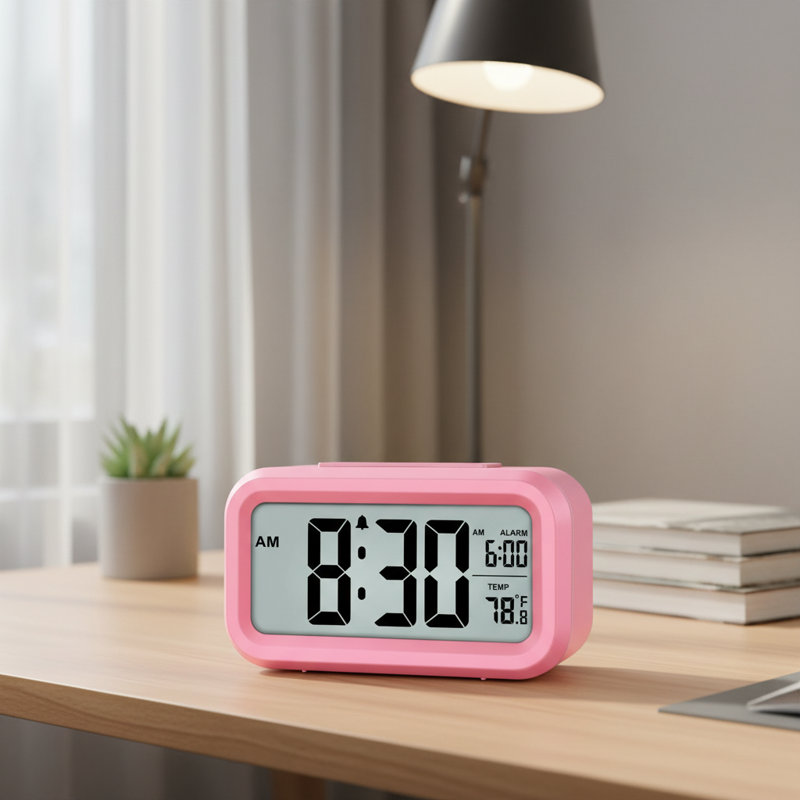 Children's Desk Night Light Alarm Clock, Pink Battery Operated, Digital Indoor Temperature Display, Pink