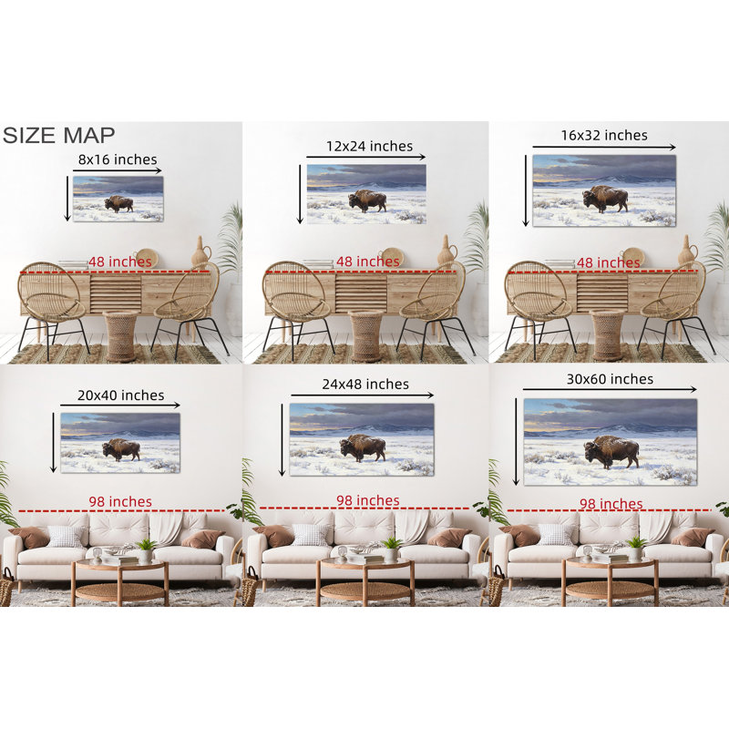 Tableau sur toile représentant un bison en hiver, paysage rustique enneigé de montagne, style rétro, idéal pour le salon, la chambre ou le bureau. Dimensions : 40 x 80 cm (16 x 32 pouces).