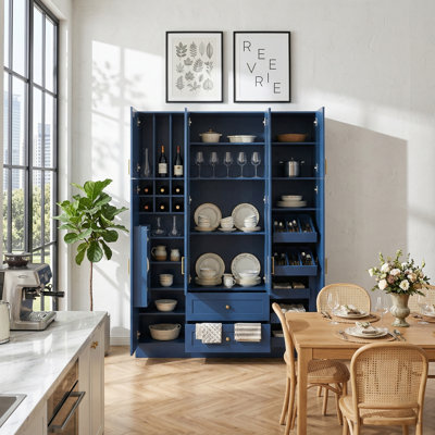 Modern Large Kitchen Pantry Cabinet with 6 Doors, Adjustable Shelves, Pull-out Trays, Wine Rack