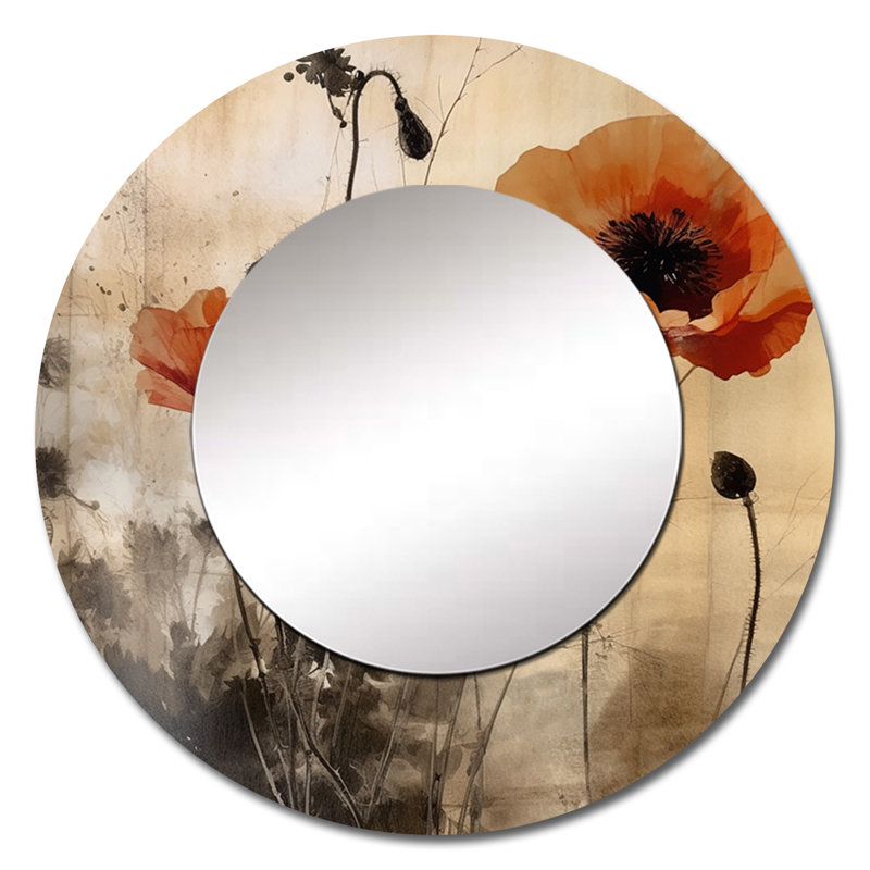 Vintage Beige Poppies II - Floral Mirror, Traditional Round Unique Wall Mirror, Printed Metal Art, 29" x 29"