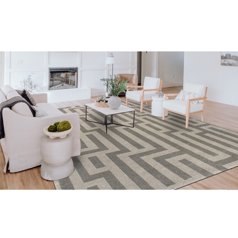 Tapis géométrique rectangulaire en laine noué à la main gris / ivoire, Rectangle 6 pi x 9 pi