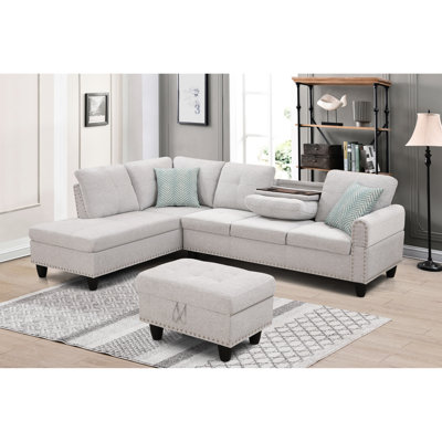 98" Left Hand Facing And Chaise With - Linen, Gray, Foam Cushioning Gray Linen Sectional Cushions A Classic Ambiance For Your Home