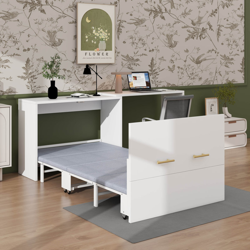 Lit simple escamotable avec commode et bureau escamotable, commode escamotable avec coussin pliable