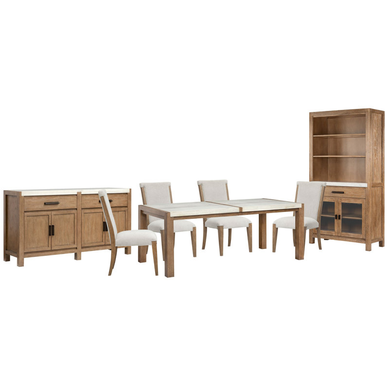Rectangular Dining Table With 4 Upholstered Side Chairs Server And Display Cabinet, 7Pcs:Table,Cabinet,Sideboard,4Chairs