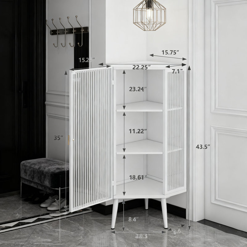 22.25'' Floor Coner Cabinet with Tempered Glass Doors and Storage Shelves, White