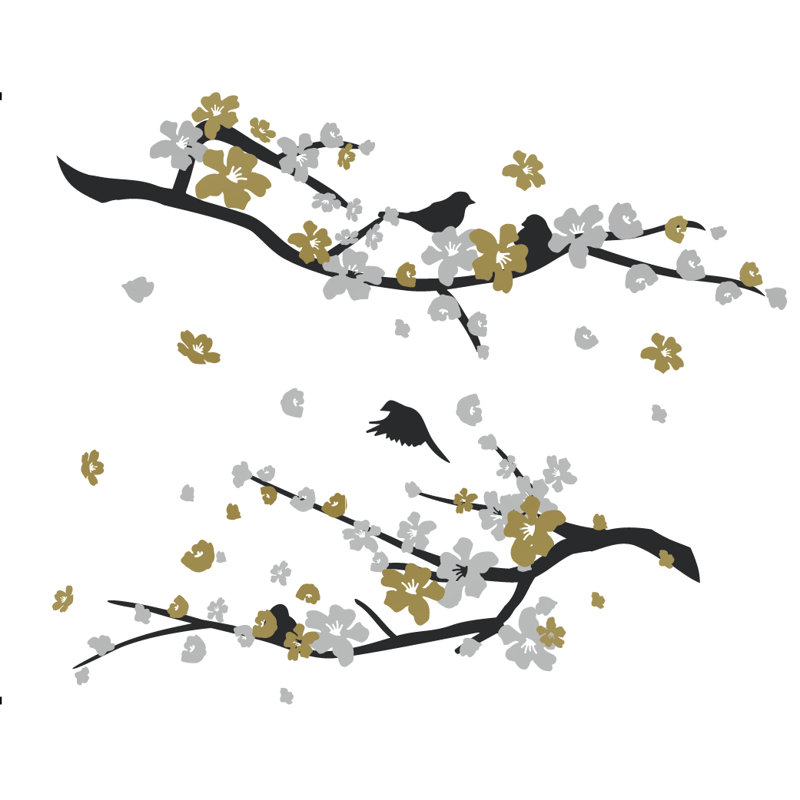 Décalcomanie murale petites fleurs de cerisier, Noir / Argent / Or, H 20 po x l 24 po x P 0,01 po