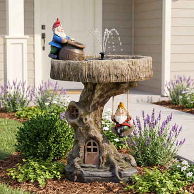 Fontaine d'extérieur solaire en résine avec statues de lutins décoratives, fontaine de jardin en imitation souche d'arbre, décor de jardin avec statues de gnomes, fontaine solaire pour oiseaux