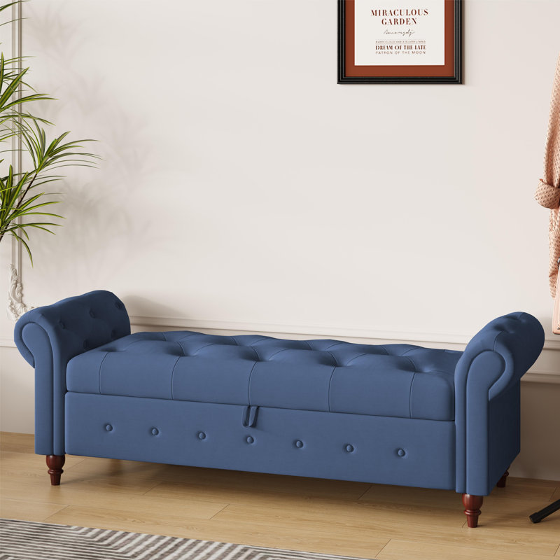 Daira Upholstered Storage Bench, 63" Bed Bench, Blue