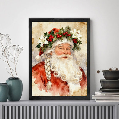 Black Framed Vintage Watercolor Santa Claus Wall Art - Festive Floral Christmas Wall Decor with Retro Aesthetic Style Framed Prints