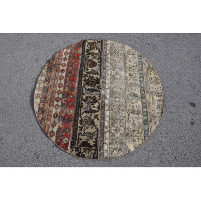 Petit tapis turc rond vintage Oushak: design oriental antique avec laine biologique