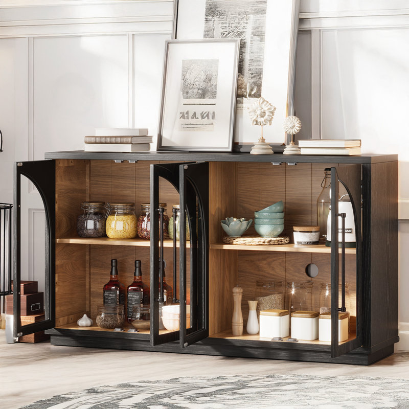 4-Door Arched Buffet Cabinet with Glass Doors and Adjustable Shelves, Espresso