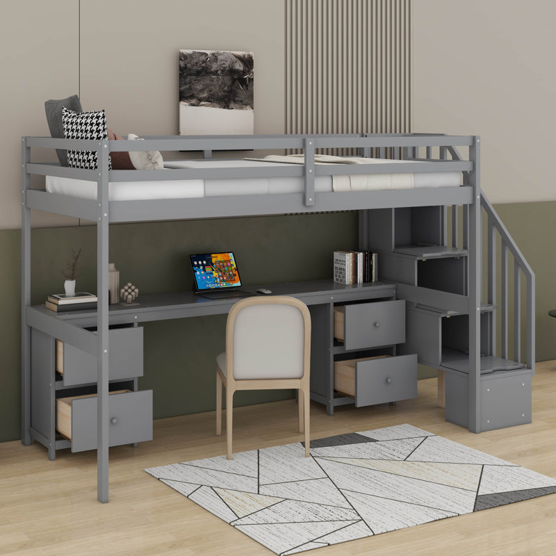 Lit mezzanine simple avec bureau et tiroirs, gris