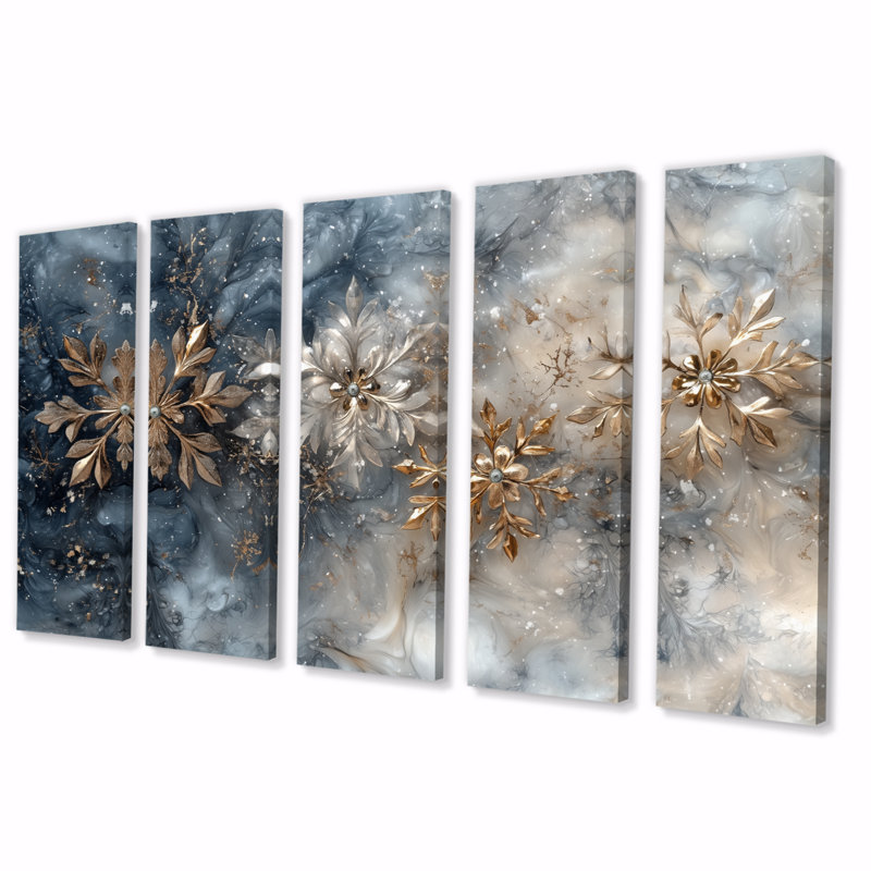 Flocons de neige dorés II - ensemble de décorations murales de Noël, H 32 po x l 80 po