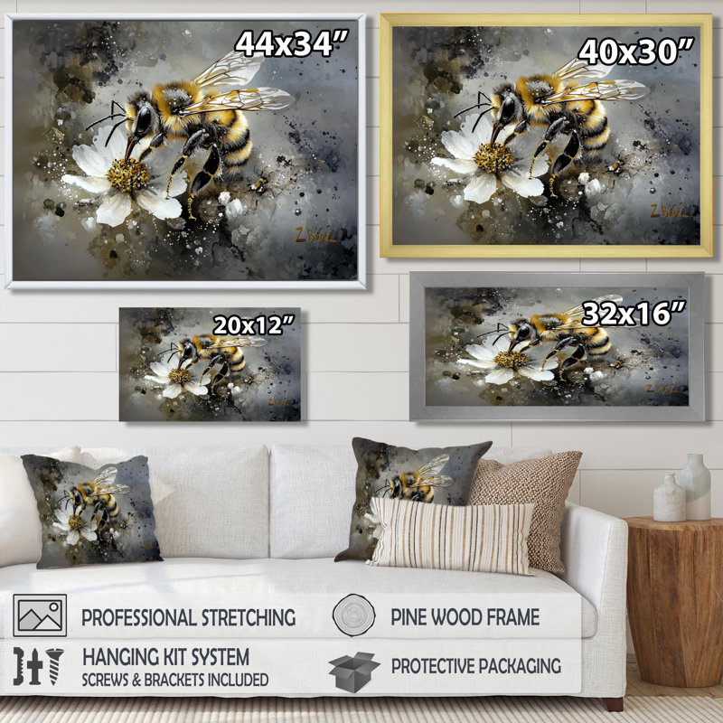Abeille fleur délicate - abeille murale, art de salon, H 30 po x l 40 po, Impression dans un cadre flottant sans passe-parto
