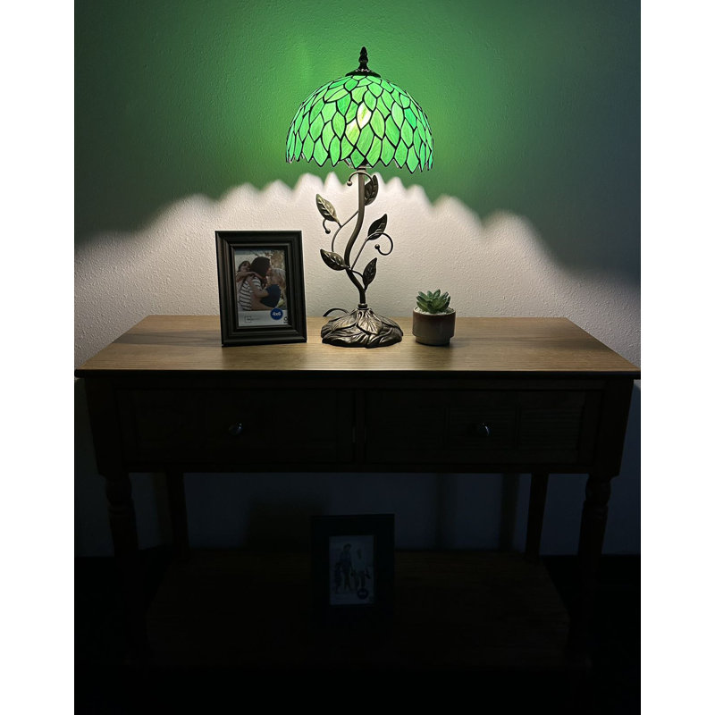 Dejean Green Stained Glass Table Lamp with Bronze Metal Base