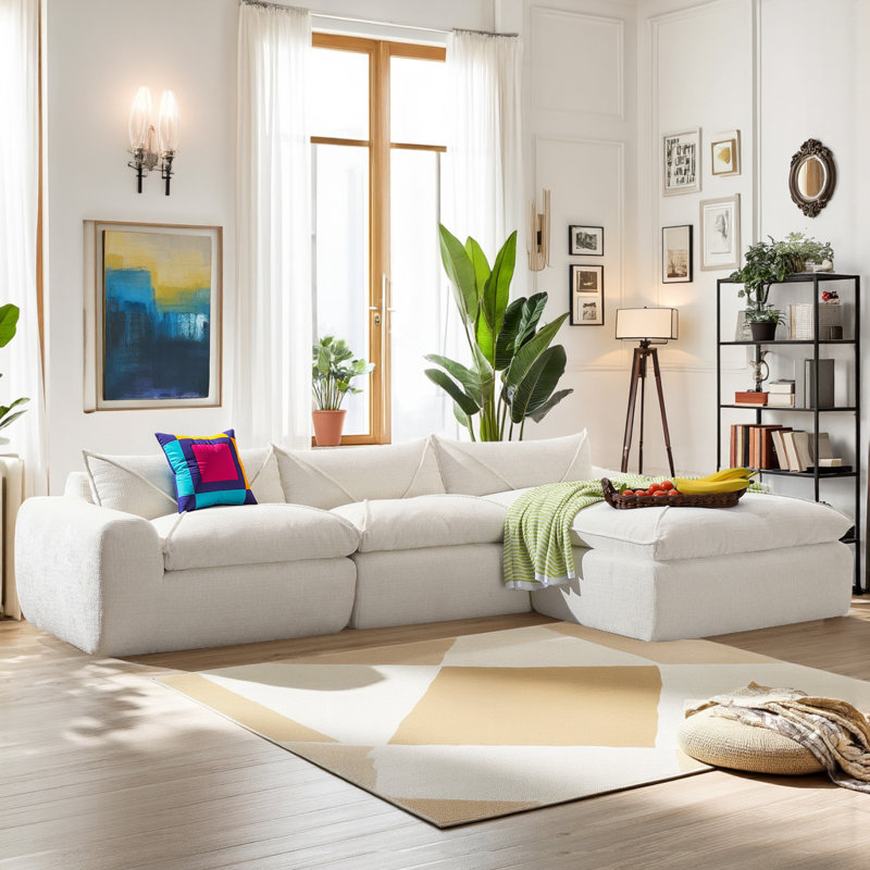 Modular Sectional Sofa Chenille Fully Compressed L-shaped Couch with 28" Deep Seats & Movable Ottoman, No Assembly Required