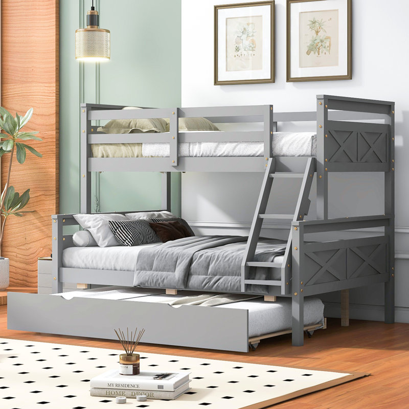 Lit simple superposé au dessus d'un lit double avec échelle, lit gigogne simple, barrière de sécurité, gris