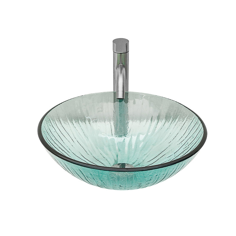 Artistic Vertical-Textured Glass Vessel Bathroom Sink With Pop-Up Drain, Silver, Green