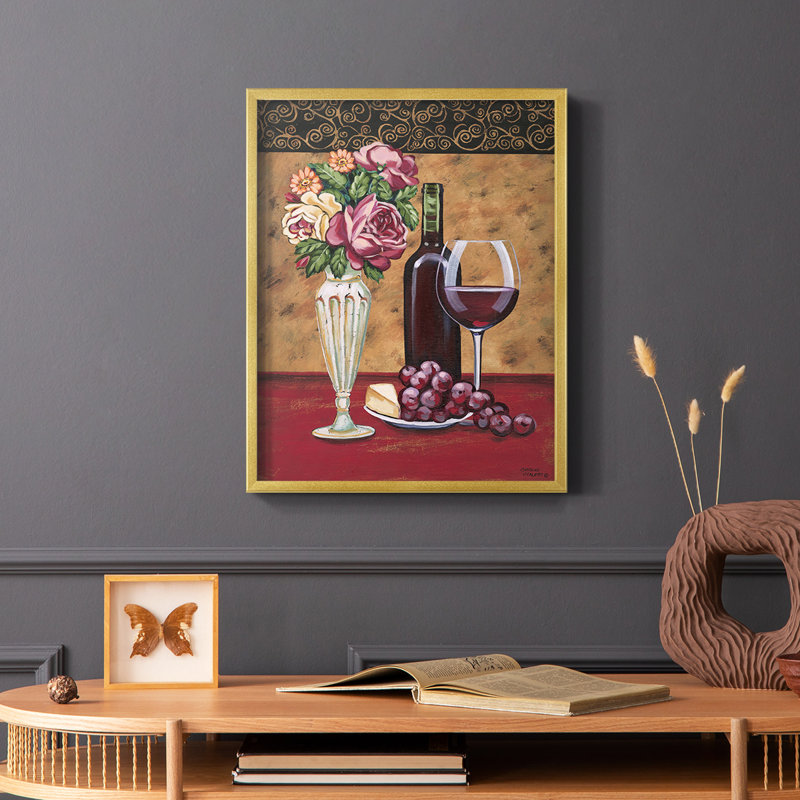 «Vintage Flowers & Wine I», reproduction encadrée - bois massif, Or, H 20 po x l 16 po