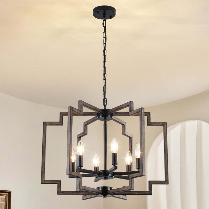 6 - Light 23.6" Wide Dimmable Geometric Lantern Farmhouse-style  Chandelier For Entryway Foyer Bedroom Hallway, Brown/Black