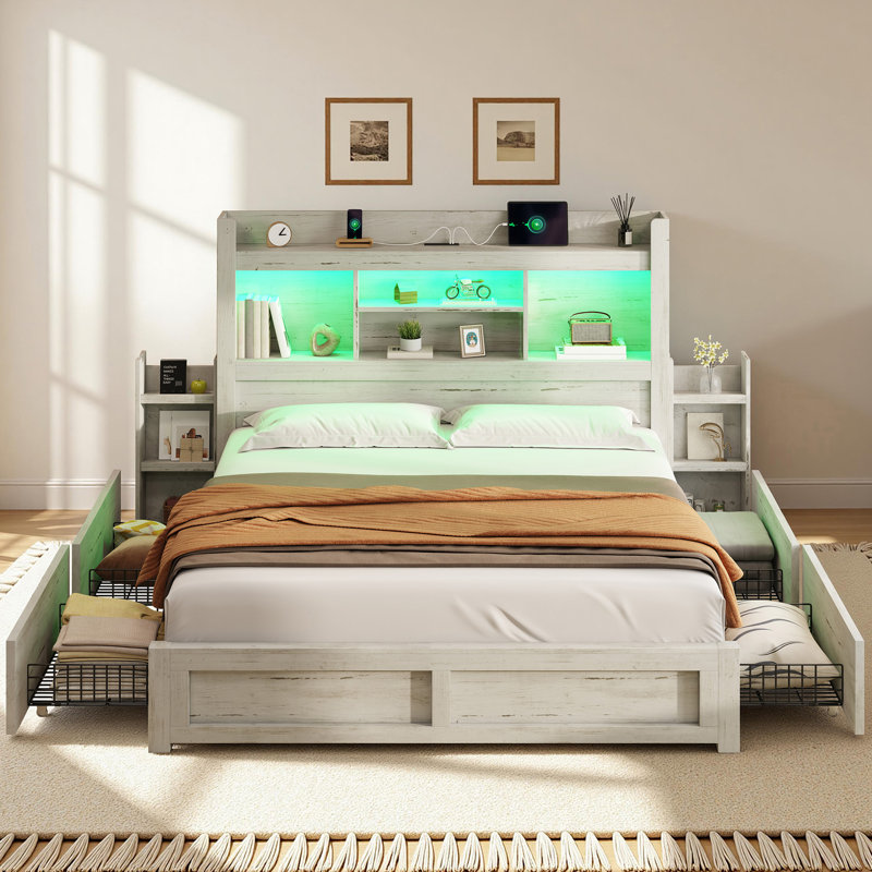 Cadre de lit Coey Queen Size avec 4 tiroirs de rangement, blanc, Grand, Blanc