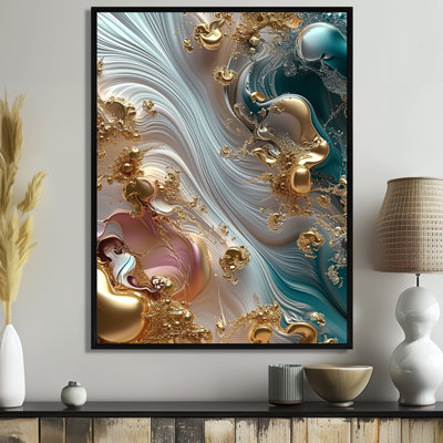 Liquide, ruisseaux, coucher de soleil, rose, turquoise, or - vagues modernes abstraites, art mural