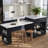 Modern Farmhouse Extendable Kitchen Island with Built-in Power Outlets, Faux Marble Top, Side Storage Shelves, and Wine Glass Rack - Black/White