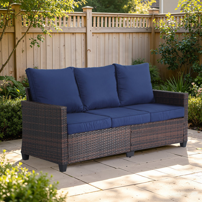 Canapé d'extérieur en rotin de patio, canapé en osier pour 3 personnes avec coussins, Blue